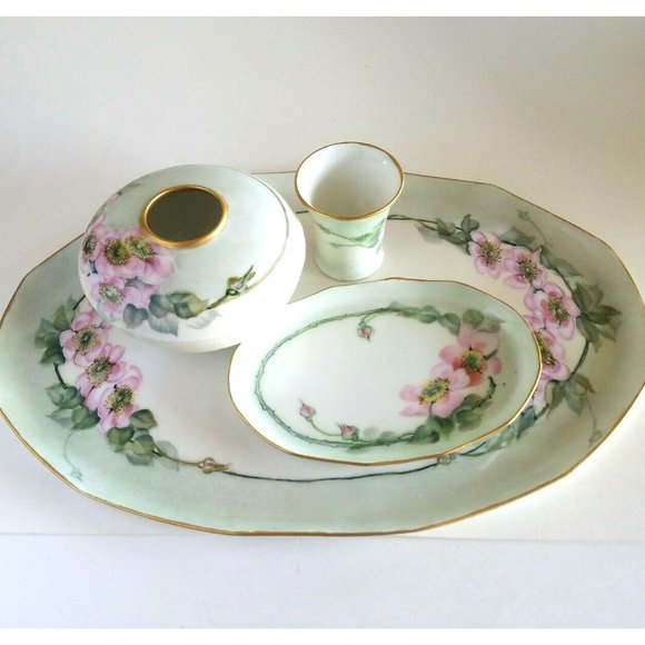 Antique MZ AUSTRIA Porcelain Hand Painted Flowers Vanity/Dresser Set 4 pieces - Picture 1 of 11